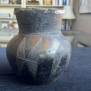Antique Wood-Fired Earthenware Pot Natural Ash Glaze, Incised Tribal Design